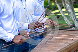 Marimba mallets and wooden keyboard close up