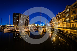 Marina and apartment buildings on the waterfront at night, in Ca