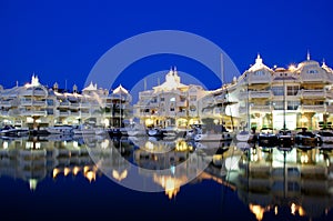 Marina area at night, Benalmadena, Spain.