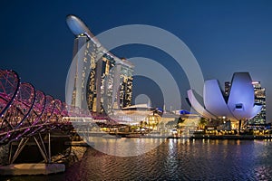 Marina Bay Sands, Art Museum, Helix bridge at night, Singapore