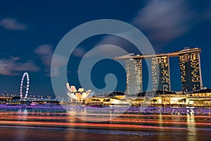 Marina Bay Sands and Singapore Flyer as seen from Fullerton Bay at night