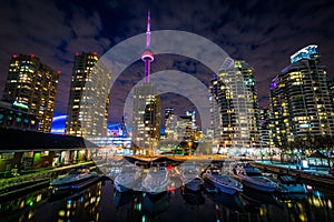 Marina and buildings at the Harbourfront at night, in Toronto, O