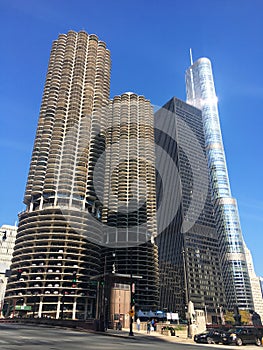 Marina City, The Langham and The Trump Tower in Chicago, Illinois, USA