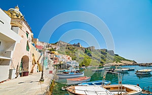 Marina Corricella and Terra Murata in sunny summer day, Procida