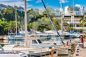 Marina harbor with boats yachts in Cala Dor on Majorca island, Spain