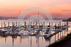 Marina with Mt. Hood view along Columbia River at Sunset