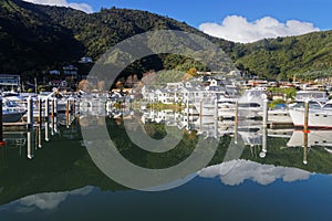 The marina at Picton with reflection, New Zealand