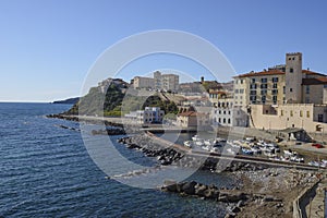 The marina of Piombino and the church of Sant\'Antimo, Piombino, Tuscany, Italy