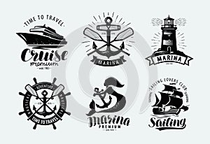 Marina, sailing, cruise logo or label. Marine themes, set of emblems. Vector photo