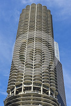 Marina Towers the Corn Cobs and a green Chicago River