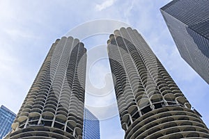 Marina Towers the Corn Cobs and a green Chicago River