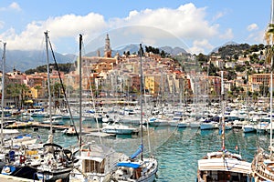 Marina and town of Menton in France.