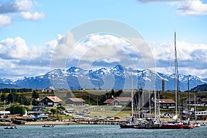 Yacht harbour, marina in Ushuaia, with mountains in background, Patagonia, Provincia de Tierra del Fuego, Argentina photo