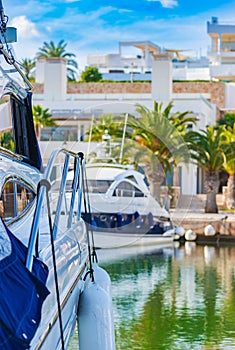 Marina, view o luxury motor boats yachts moored at waterfront