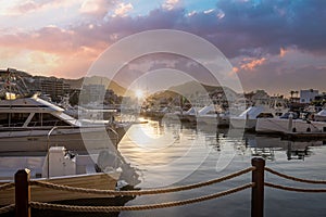 Marina and yacht club area in Cabo San Lucas, Los Cabos, a departure point for cruises, marlin fishing and lancha boats photo