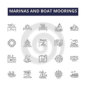 Marinas and boat moorings line vector icons and signs. Boat, Moorings, Harbours, Boats, Anchorage, Jetties, Berths