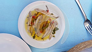 Marinate anchovies traditional greek sea plate with raw fish