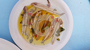 Marinate anchovies traditional greek sea plate with raw fish
