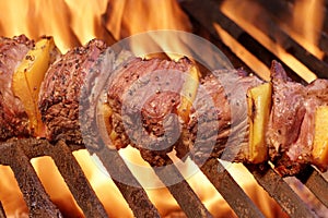 Marinated BBQ Meat Or Beef Kebab Kabob On Hot Grill photo