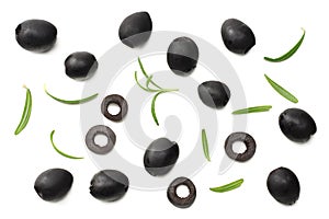 Marinated black olives with rosemary isolated on white background. top view