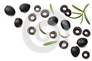 Marinated black olives with rosemary isolated on white background. top view