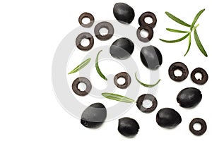 Marinated black olives with rosemary isolated on white background. top view