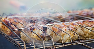 Marinated chicken legs on the grill in the smoke. A picnic, tasty food. BBQ