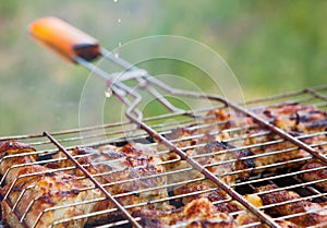 Marinated chicken legs on the grill in the smoke. A picnic, tasty food. BBQ