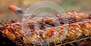 Marinated chicken legs on the grill in the smoke. A picnic, tasty food. BBQ