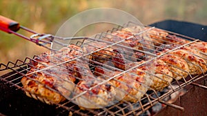 Marinated chicken legs on the grill in the smoke. A picnic, tasty food. BBQ