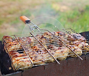 Marinated chicken legs on the grill in the smoke. A picnic, tasty food. BBQ