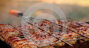 Marinated chicken legs on the grill in the smoke. A picnic, tasty food. BBQ