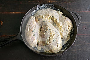 Marinated Chicken Quarters in a Cast-Iron Skillet