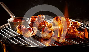 Marinated chicken wings grilling on a barbecue