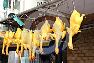 Marinated chickens are drying in open air restaurant,Hongkong