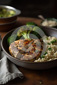 Marinated cooked grilled healthy chicken breasts with broccoli