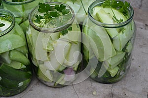 Marinated Cucumber. Cucumbers in jars. Pepper