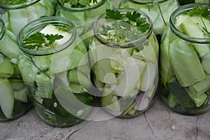 Marinated Cucumber. Cucumbers in jars. Pepper
