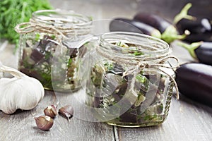 Marinated eggplant in jars
