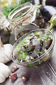 Marinated eggplant in jars