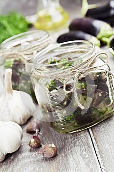 Marinated eggplant in jars