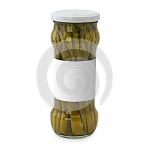 Marinated green asparagus jar with blank label Isolated on a white background