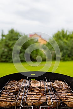 Marinated grilled chicken on the flaming grill.