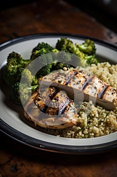 Marinated grilled healthy chicken breasts with broccoli, cooked on a summer BBQ