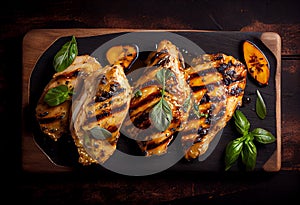 Marinated grilled healthy chicken breasts cooked on a summer BBQ and served with fresh herbs, AI Generated