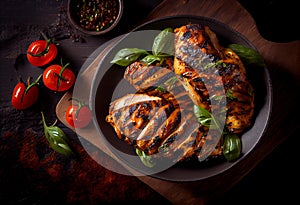 Marinated grilled healthy chicken breasts cooked on a summer BBQ and served with fresh herbs, AI Generated