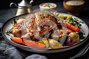 Marinated grilled healthy chicken breasts cooked on a summer BBQ and served with fresh herbs and vegetables, close up view.