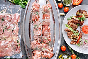 Marinated meat for barbecue. vacuum-packed and marinated meat, meat on a skewer and ready-made grilled meat with sauce on a plate