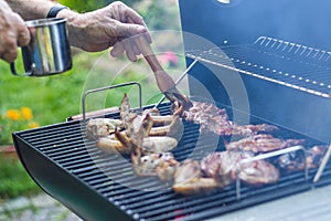 Marinated meat on grill during garden party.