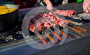 Marinated meat preparing on a barbecue grill.